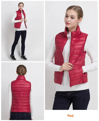 0-10 ℃   Frauen Westen Herbst Winter Ultra Licht Ente Unten Weste Weibliche Dünne Ärmellose Jacke Winddicht Warme Puffer Weste 4XL