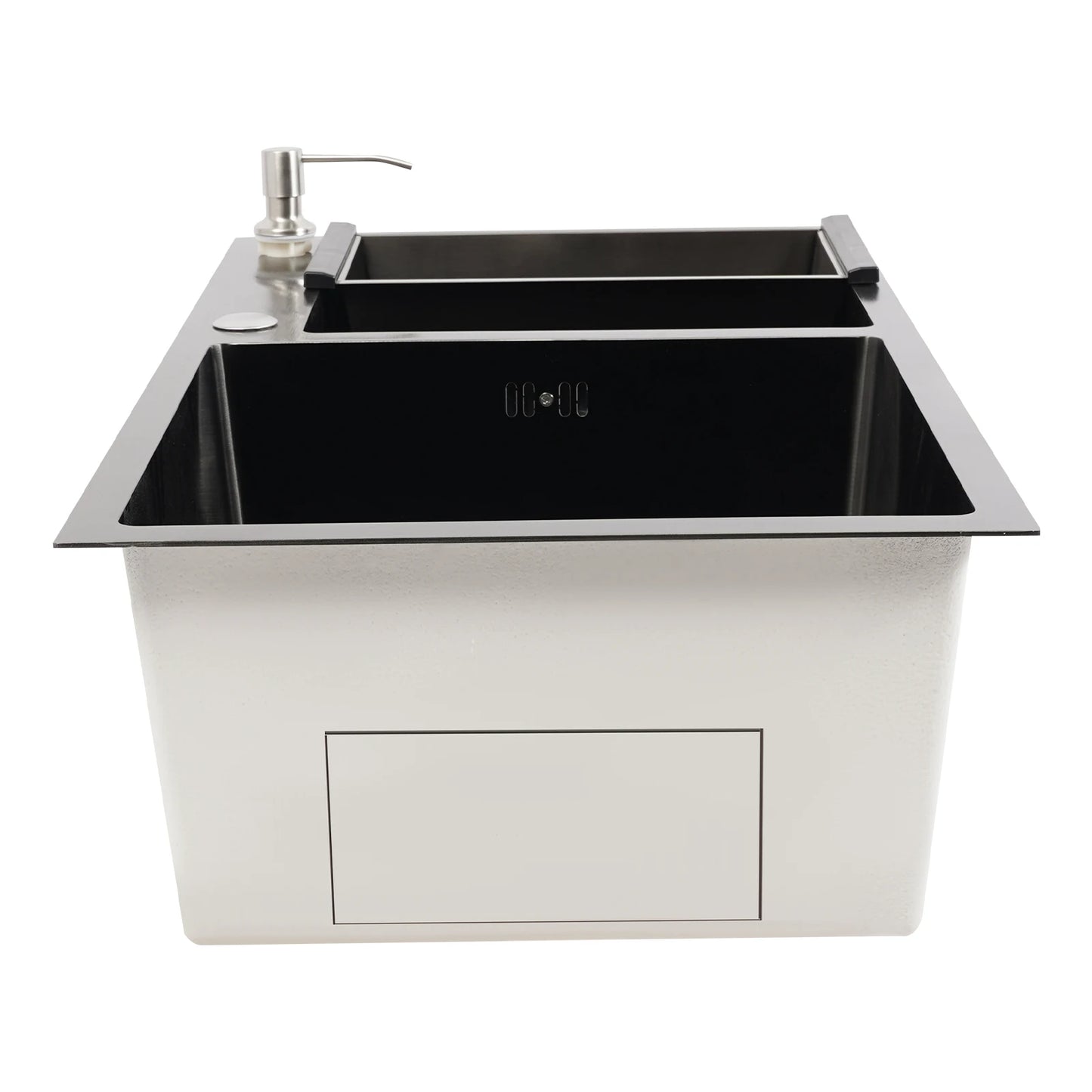 Edelstahlspüle, moderne Küchenspüle, Black Diamond 7843PB, Doppelspüle, Abfluss + Seifenspender zum Reinigen von Geschirr und Gemüse