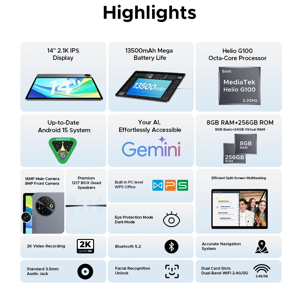 Global Version DOOGEE Tab E3 Max Tablet PC Android 15 Gemini AI 14'' 2.1K Screen 8GB RAM 256GB 13500mAh Large Battery Smart Pad.