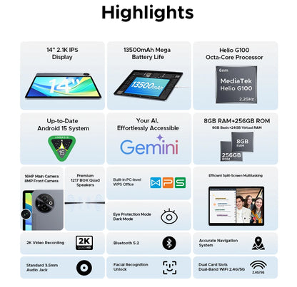 Global Version DOOGEE Tab E3 Max Tablet PC Android 15 Gemini AI 14'' 2.1K Screen 8GB RAM 256GB 13500mAh Large Battery Smart Pad.