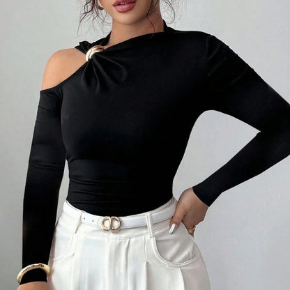 Fashion Women Blouses Sexy Cold Shoulder Skinny Top Elegant Long Sleeve Shirt Women Sexy Tops Female All Match Shirt Black.
