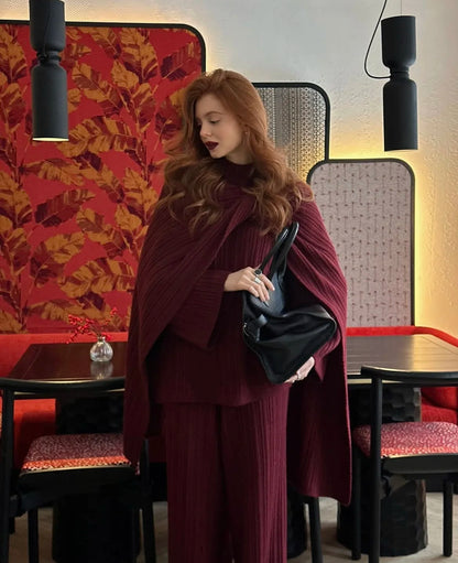 Hirsionsan Soft Elegant Vintage Women Suits 3 Pieces Female Sets O Neck Sweater & Wild Leg Pants with Scarf Knitted TrackSuit.