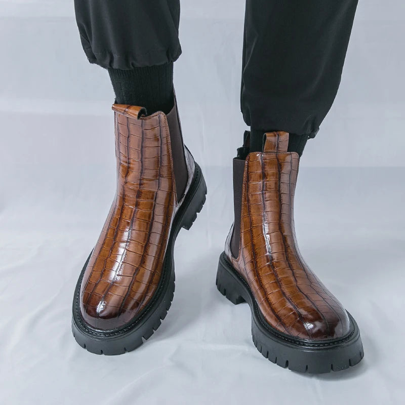 Street Style Pointed Toes Chelsea Boots Stylish Leather Ankle Boots Fashion High Top Shoes Party Business Motorcycle Boots Botas.