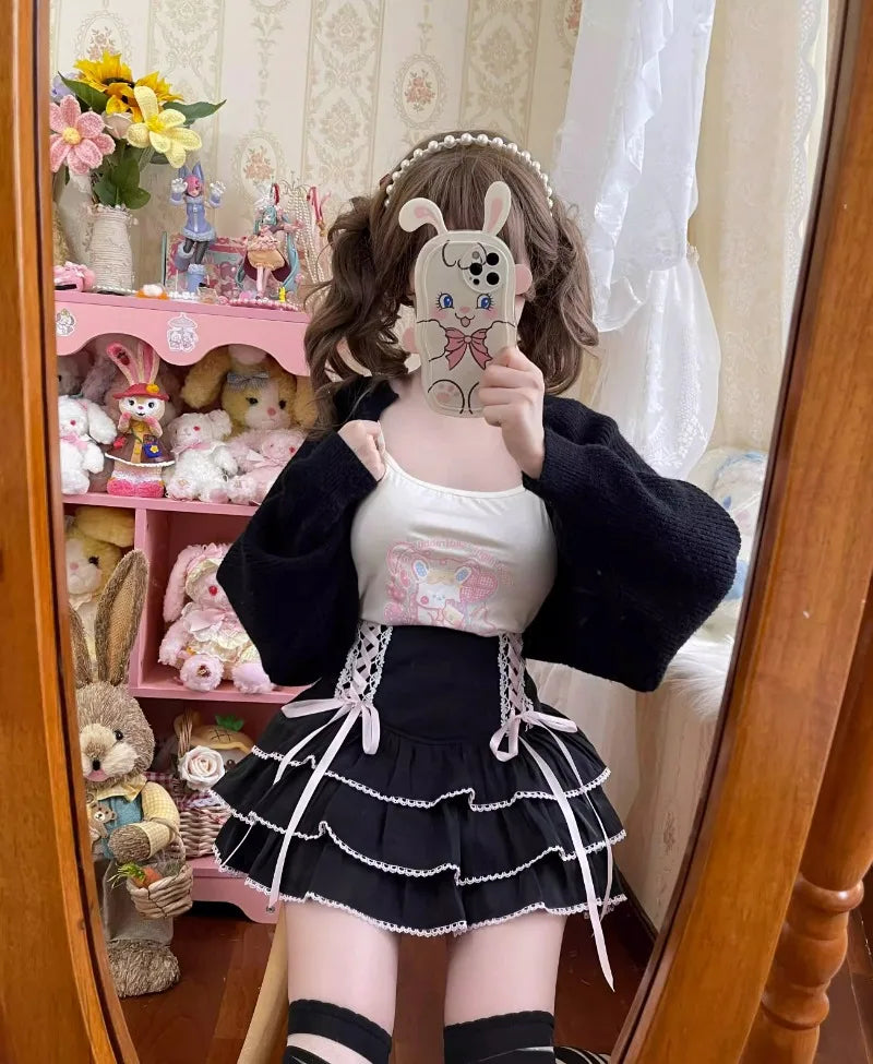 Japanese Kawaii Lolita Style Pleated Skirts Women High Waist Pink Bandage Fairy Y2k Aesthetic Skirt Cute Faldas Mujer Moda 2024.