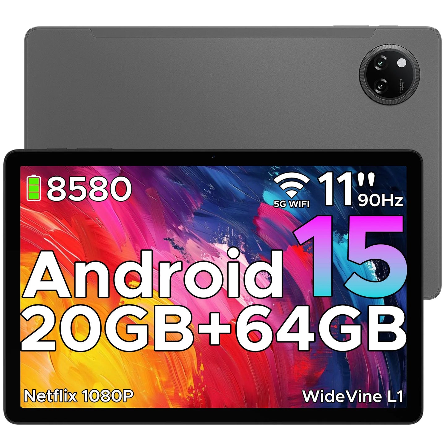 DOOGEE Tab A9+ 2 IN 1 Smart Tablet 11'' Screen Android 15 20GB RAM(4+16) 64GB ROM 8580mAh Battery Dual Speakers Widevine L1