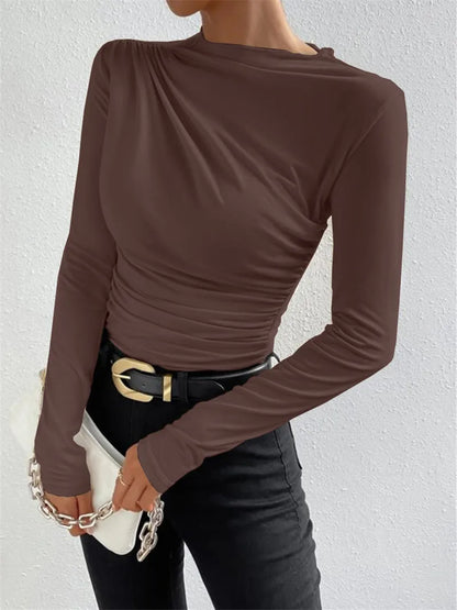 Fashion Solid Color Slim Fit T Shirt Women Trendy All-match Folds Long Sleeve T Shirts Ladies Tops Streetwear 2024 Spring New