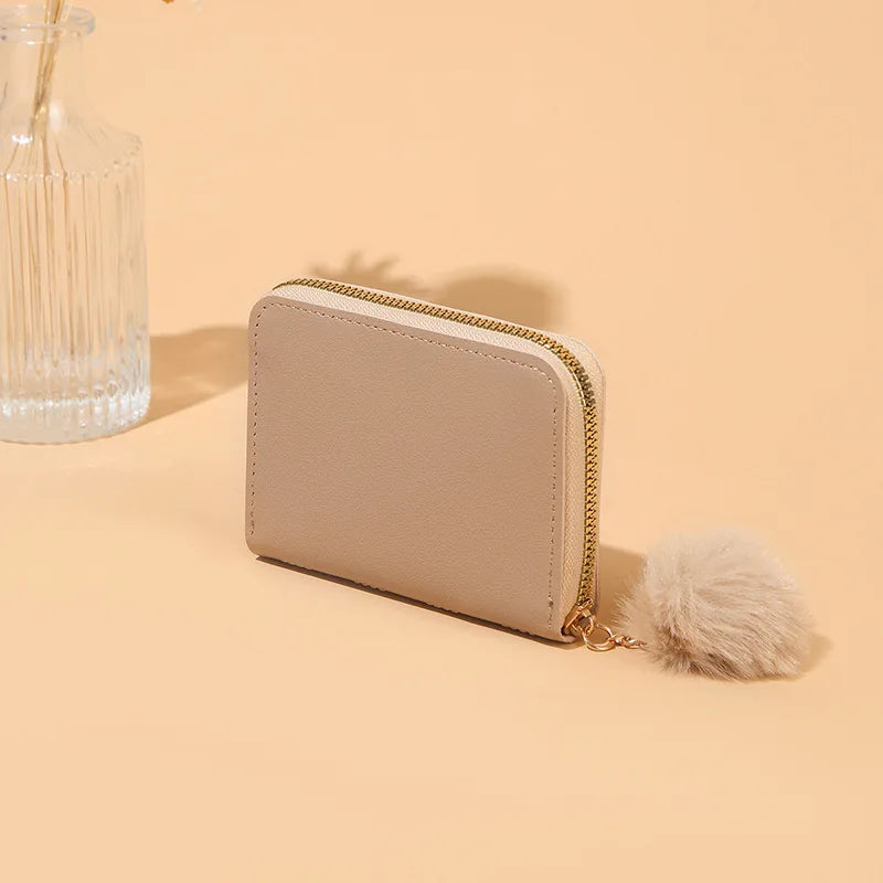 Women Fashion Zipper Wallet with Hairballs Simple Versatile Short Coin Purse Multi-Functional Multi-Card Slot Card Bag.