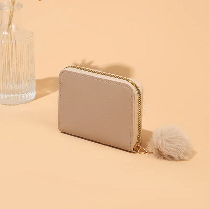 Women Fashion Zipper Wallet with Hairballs Simple Versatile Short Coin Purse Multi-Functional Multi-Card Slot Card Bag.