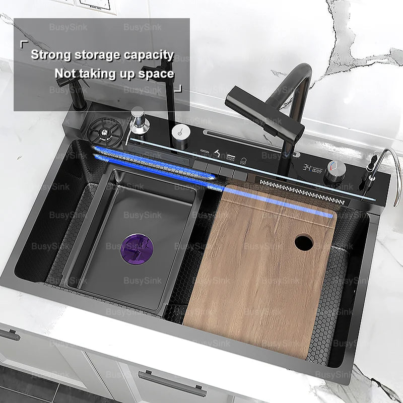 Household Digital Display Piano Button Waterfall Faucet Stainless Steel Kitchen Sink Large Single Bowl Multifunctional Wash Slot