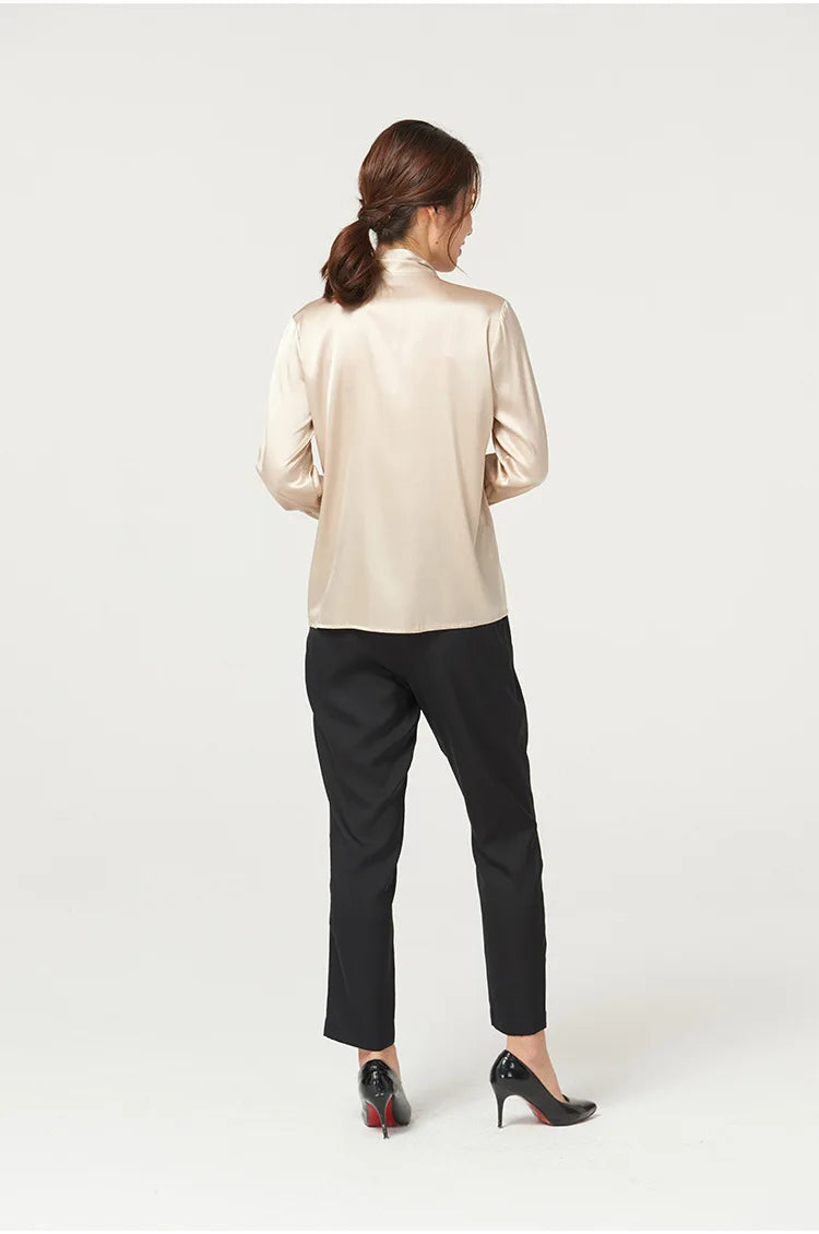Heavyweight Mulberry Silk Shirt Women's 2025 Spring And Autumn New Long Sleeve Satin Silk Blouse V-neck Bow Ribbon Shirt