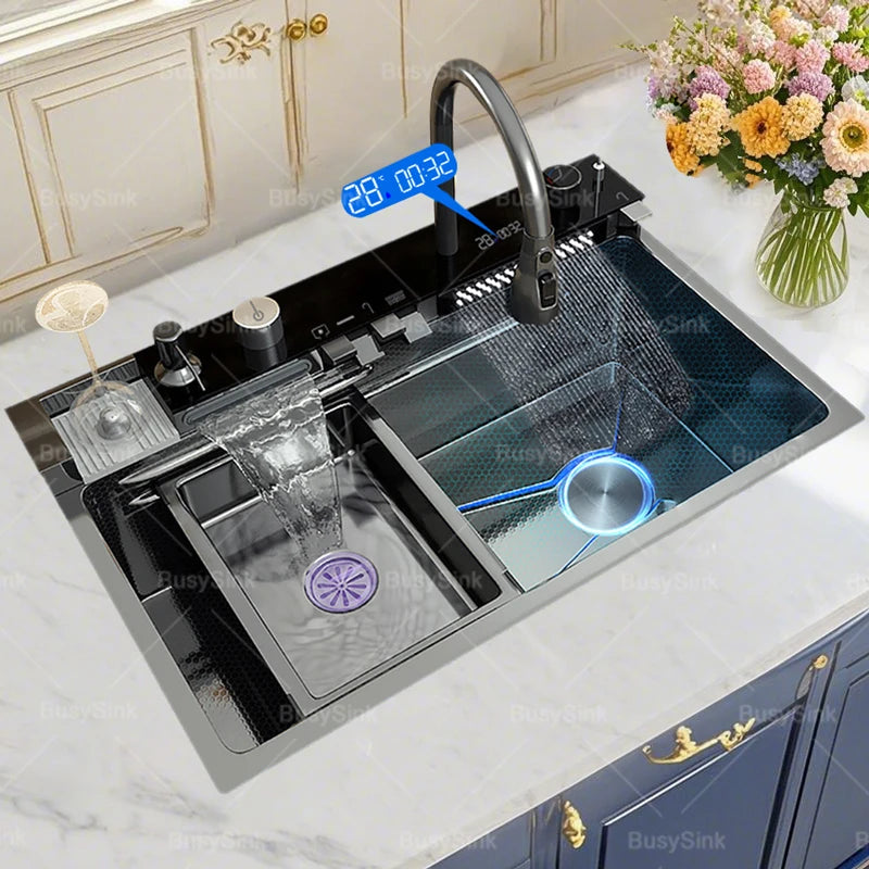 Stainless Steel Silver Kitchen Sink Multifunction Waterfalls Intelligent Digital Display Faucet Household Large Single Slot
