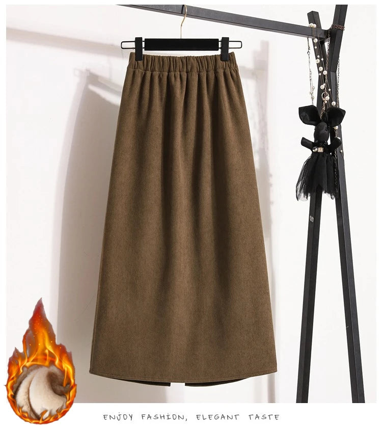 2025 Autumn Winter Plus Size Skirts Women High Waist Solid A-line Skirt Back Slit Korean Thick Elegant Fleece-lined Style Skirts.