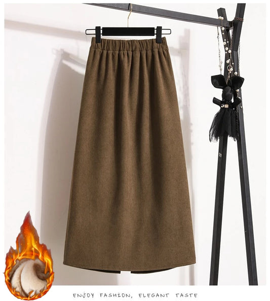 2025 Autumn Winter Plus Size Skirts Women High Waist Solid A-line Skirt Back Slit Korean Thick Elegant Fleece-lined Style Skirts.