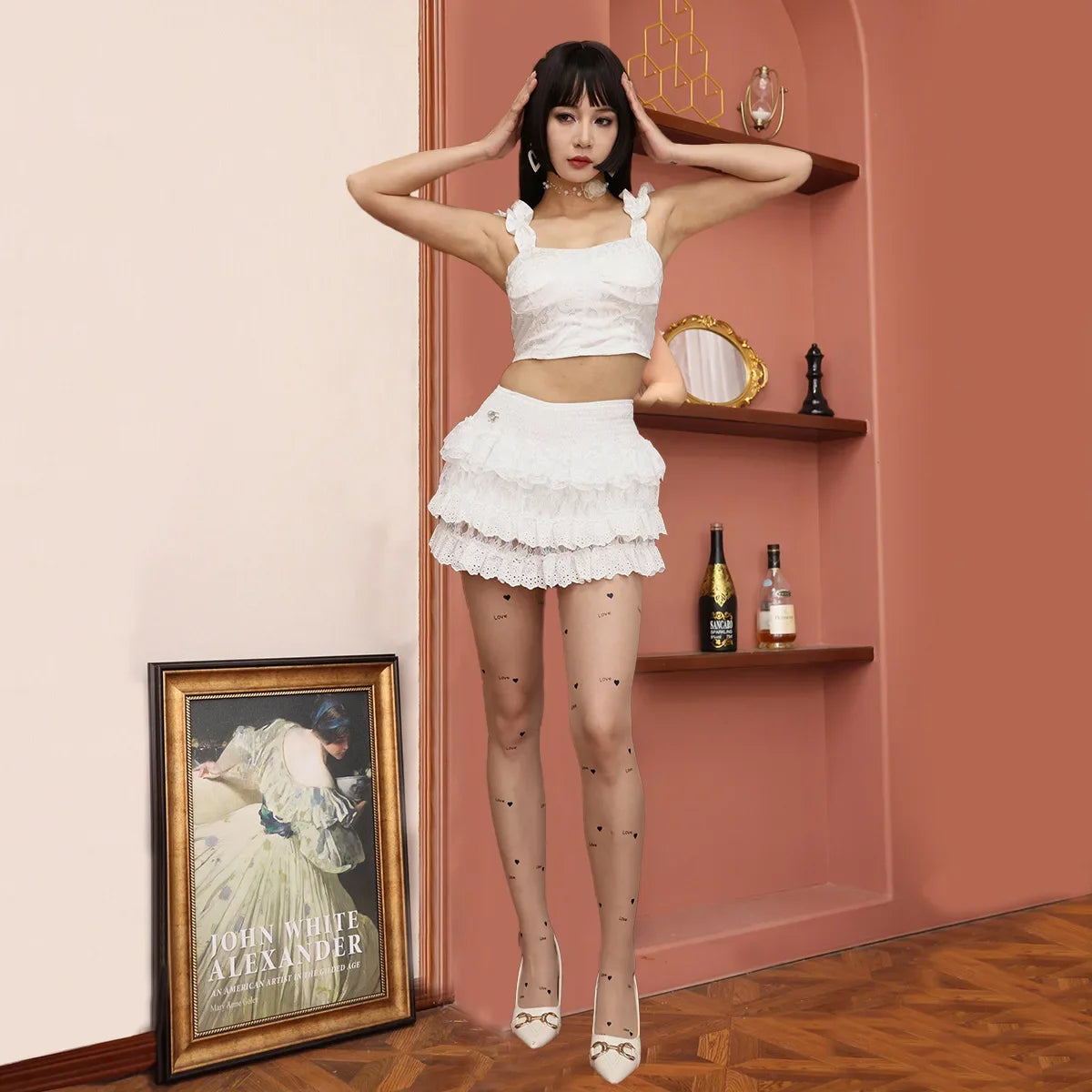 Transparent Stockings with Tattoo Print Dreamy Girl Lace Edge Anti-Catch Thread Thin Summer Style Long Tube Socks for Women.