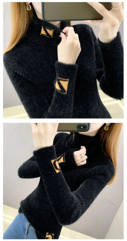 Hoher Kragen Pullover Pullover Frauen Nerz Brief Jacquard Unterlage Solide Western Stricken Unterwolle Herbst Winter Pullover Pullover