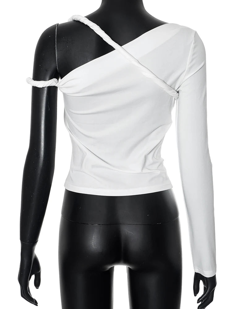 kliou Incline Shoulder Women T-shirts Classic New All-matched Single Sleeve Strap Skinny Crop Tees Mujer Chic Fashion Street Top.