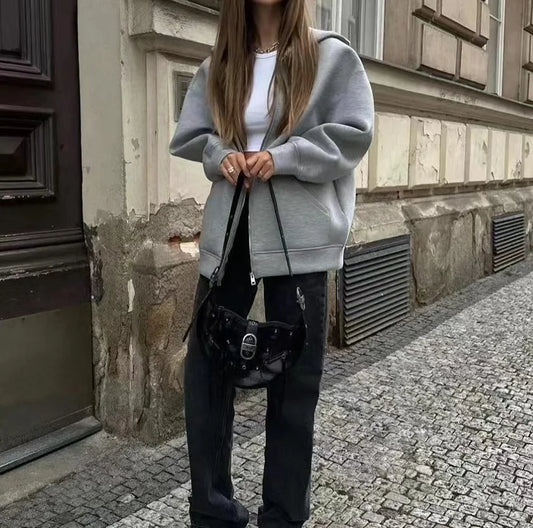 2024 frühling und Herbst Neue Casual Straße Lose Oversize Mit Kapuze Zipper Hoodie Raum Baumwolle Jacke Mantel Faul frauen Strickjacke