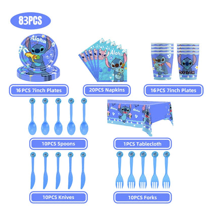 Stitch Party Supplies für Kinder Lilo und Stitch Geburtstag Party Dekorationen Luftballons Banner Tischdecke Hintergrund Geschirr