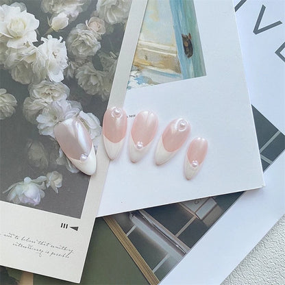 Aurora Handmade Press On Nails White Almond French Fake Nails Medium Wearable Manicure Simple Pearl Decoration Finger Nails Art.