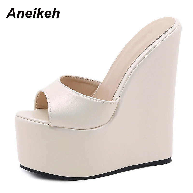 Aneikeh 2025 Fashion Peep Toe Wedges Heel Outside Women Slippers Concise PU Platform Slip On Summer Beach Mules Apricot 35-42.
