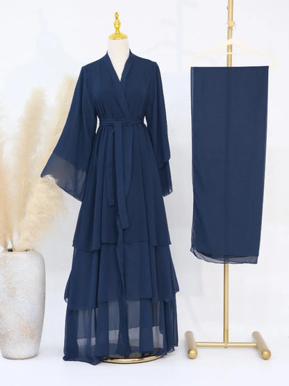 Eid Muslim Abaya for Women Chiffon 3 Layers Cake Party Cardigan Robe Jalabiya Dresses Ramadan Morocco Abayas Kaftan Vestidos