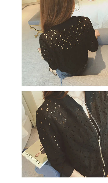 Women Spring/Autumn Cotton Lace Hollow Out Sport Jacket Long Sleeve Thin Sunscreen Outerwear Short Style Breathable Bomber Coats.