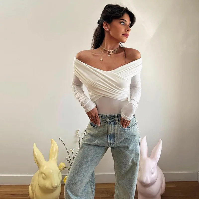 Sexy Off Shoulder Bodysuits Women Fashion Black Crossed Folds Skinny Rompers Long Sleeve Fashion Streetwear Autumn Bodysuits New.