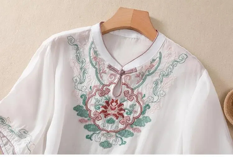 Retro Chinesischen Stil Lose Fit Baumwolle Leinen Kurzarm Shirt frauen Sommer Schwere Stickerei Abnehmen Top Flagge Kleid.