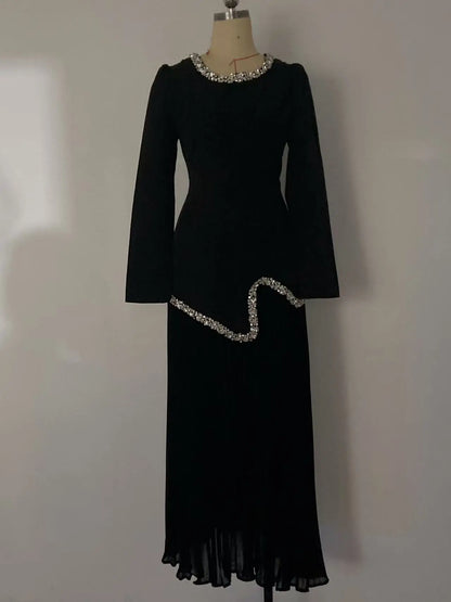 Eid Women Dress Muslim Abaya Pleated Shirt Skirt 2 Piece Set Diamond Party Ramadan Long Dresses Vestidos Largos Arab Long Robe.