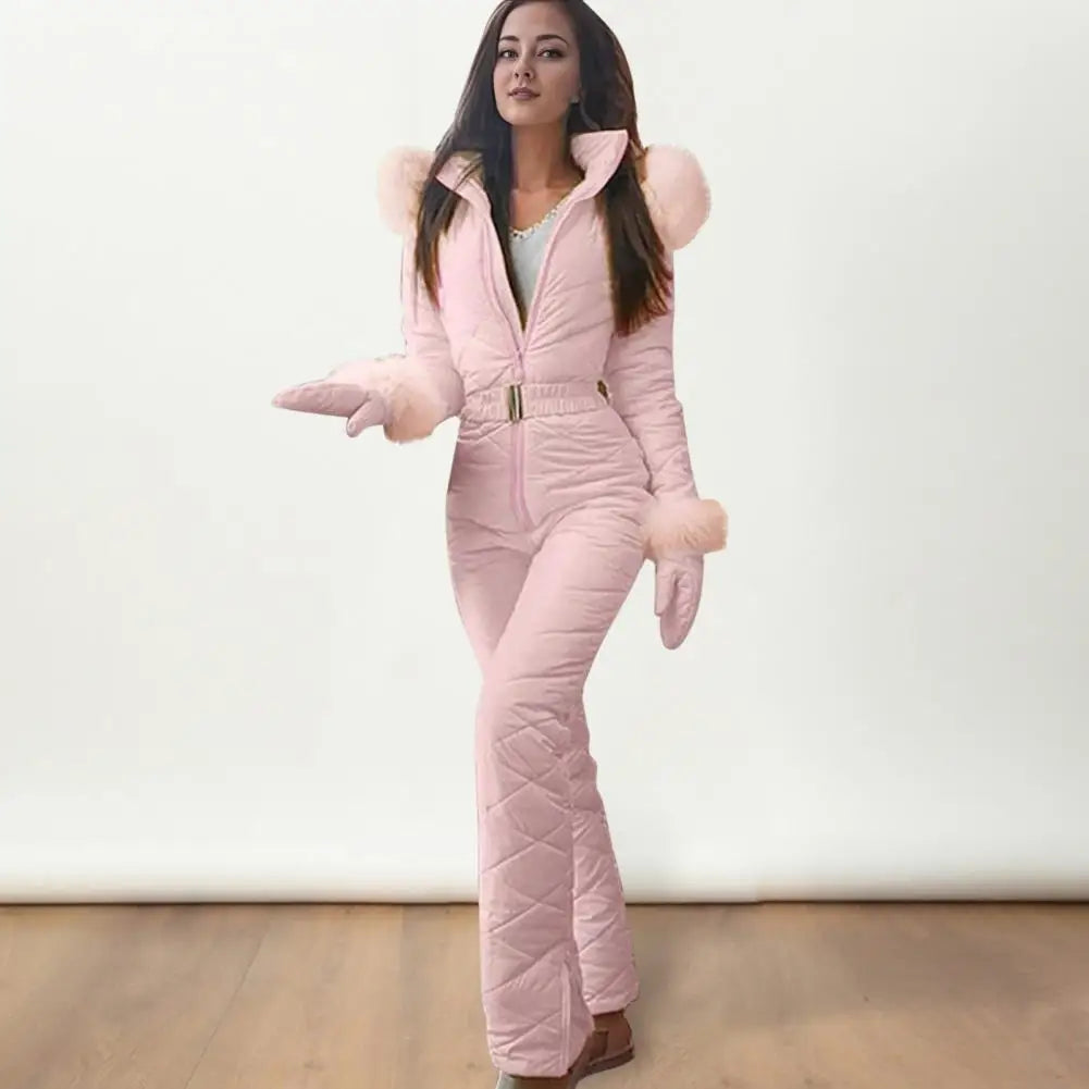 2025 Women Ski Jumpsuit Warm Snowsuit Winter Women's Snowsuit with Gloves Hood Windproof Ski Outfit with Elastic Waist Zipper fo.