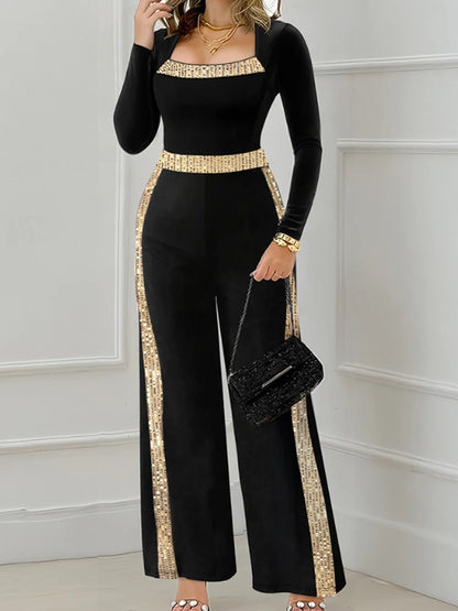 Sequin Bowknot Contrast Sequin Square Neck Long Sleeve Wide Leg Party Jumpsuit.
