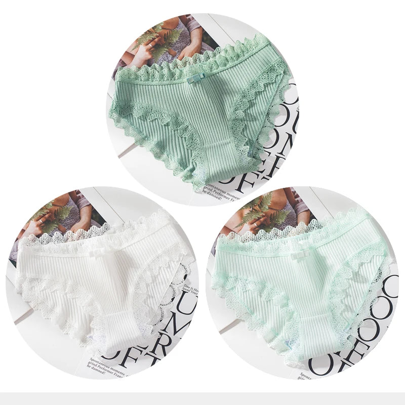 Cotton Panties Woman Sexy Lace Briefs Fashion Solid Color knickers Girls Bow Underpants Set Underwear 3 Pcs/lot.