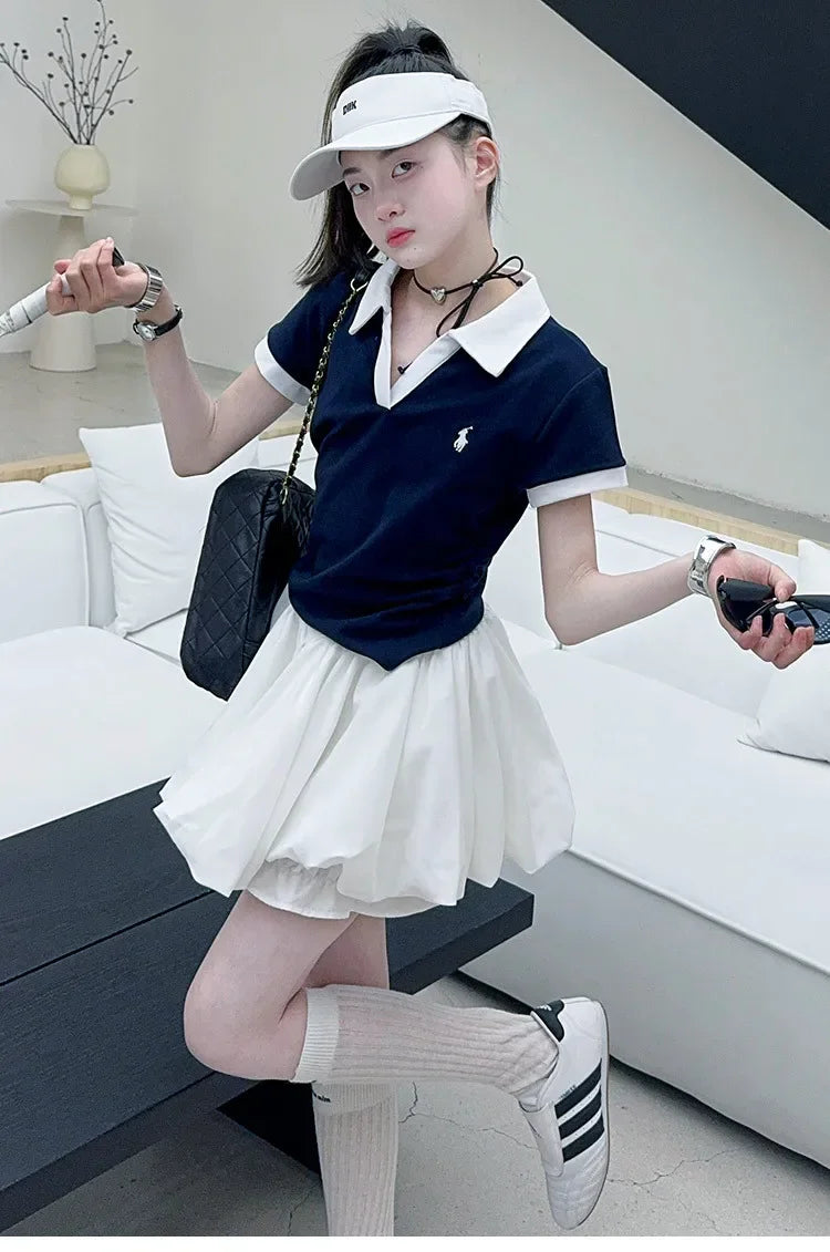 Girls Summer New Fashion Korean Style School Sports Short Sleeve T-Shirt And Bloomers Two-Piece Set White Floral Print Outfit.