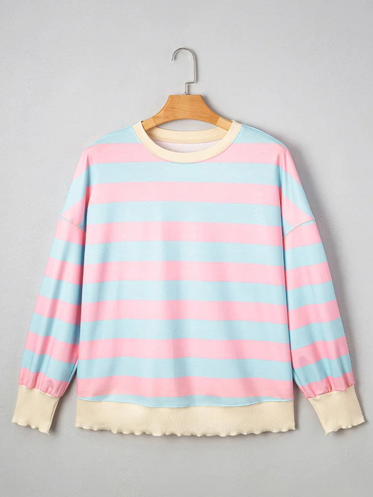 GIBSIE Plus Größe Gestreiften Tropfen Schulter Lose Sweatshirt Frauen 2025, Herbst Casual Langarm Passenden Rundhals Pullover Tops.