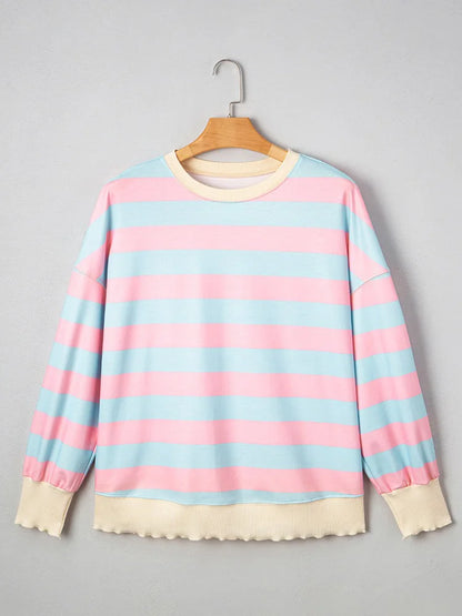 GIBSIE Plus Größe Gestreiften Tropfen Schulter Lose Sweatshirt Frauen 2025, Herbst Casual Langarm Passenden Rundhals Pullover Tops.