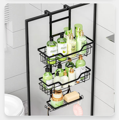 Bohrfreies Badezimmerregal über der Tür, hängender Organizer, wandmontiertes Korbregal, mehrschichtiges Duschraum-Aufbewahrungsregal für Toilette