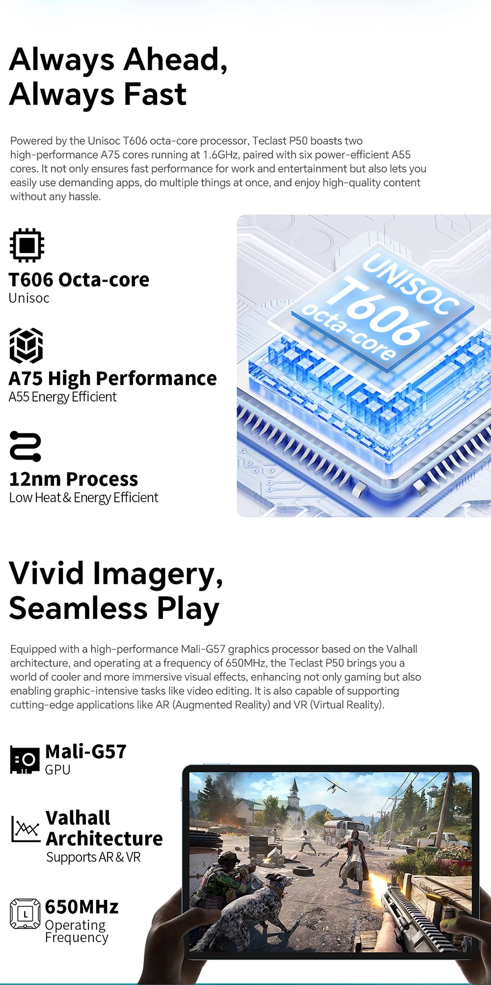 Teclast P50 Android 14 Tablet 11" IPS Max 14GB RAM 128GB ROM Unisoc T606 8-core 13MP Camera 8000mAh Type-C 4G LTE TÜV Rheinland.