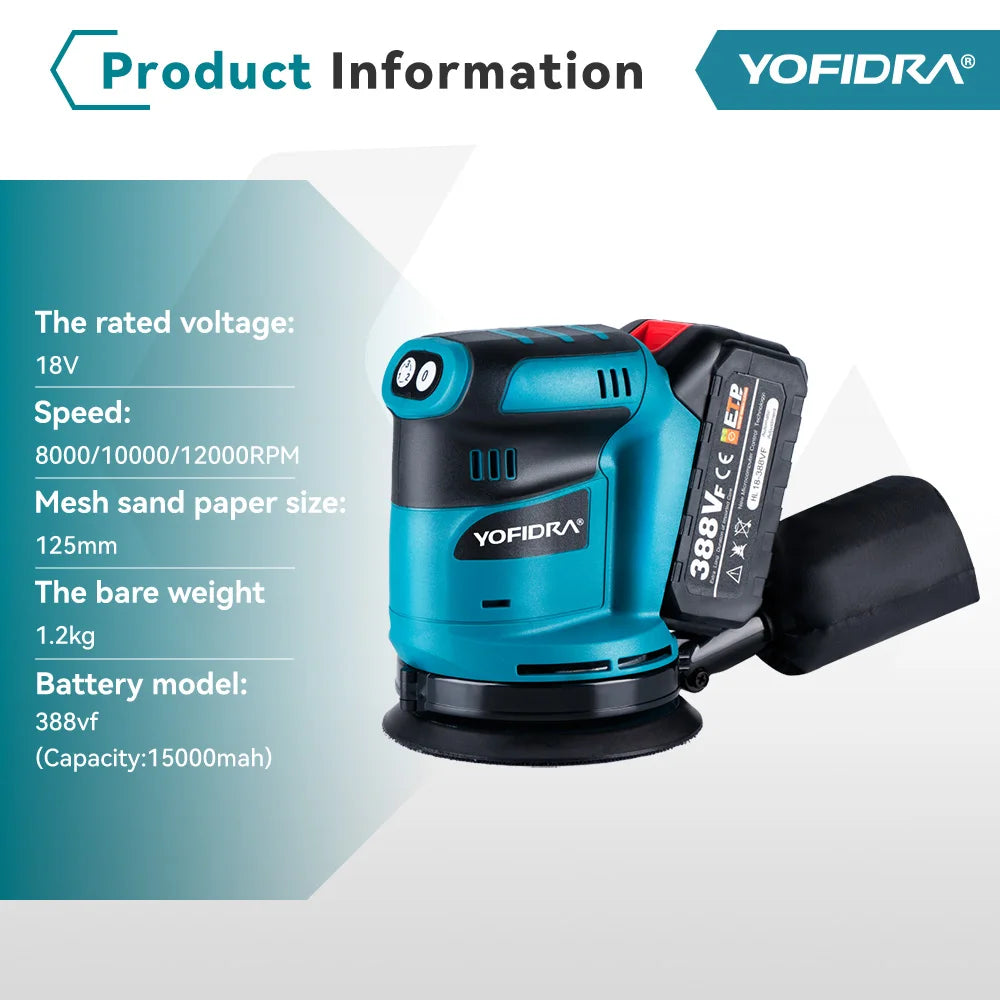 YOFIDRA Elektrische Exzenterschleifer 125 MM Akku-schleifen Schleifen Polieren Maschine Holzbearbeitung Power Tool Für Makita Batterie Pin