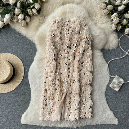 Skirts Women Autumn High Waist Midi Sequined Elegant Korean Fashion Back Slit A-line Loose Casual Simple All-match Faldas Largas.