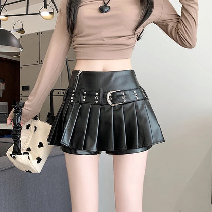 Women's Black Gothic A-line Pleated Leather Skirt Y2k Mini Shorts Skirts Harajuku Korean Emo Skirt 2000s Vintage Clothes Summer.