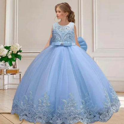 Gesticktes Mesh-Hochzeitskleid, Blumenmädchen-Performance-Mädchenkleid, 4–12 Jahre altes Mädchen-Prinzessinnenkleid mit großer Schleife.