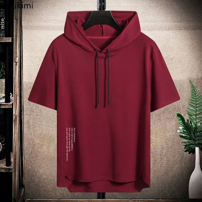 2025 Men's Summer Hoodies T-shirts Short Sleeve Solid Color Loose Hooded Drawstring Pullover Tops Basic Tees for Daily Wear Male.
