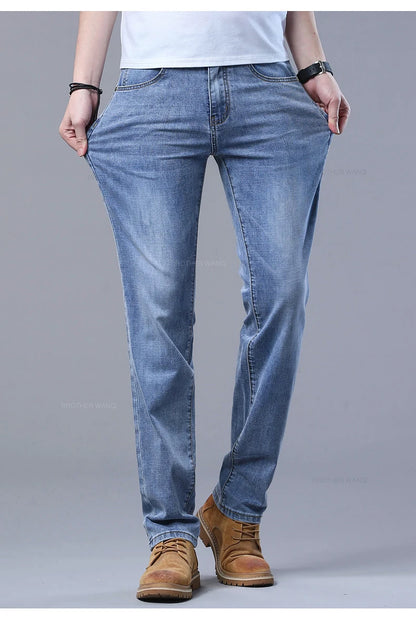 Spring Men's Light Blue Slim Jeans Stylish Casual Stretch Fabric Denim Pants Classic Trousers Smoke Gray.