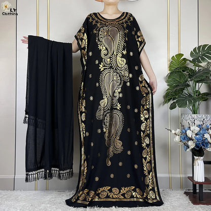 Neue Sommer Abaya für Frauen lässig Kurzarm weiches Baumwoll kleid Dubai Kaftan lose Dame Maxi Islam afrikanisches Kleid mit großem Schal