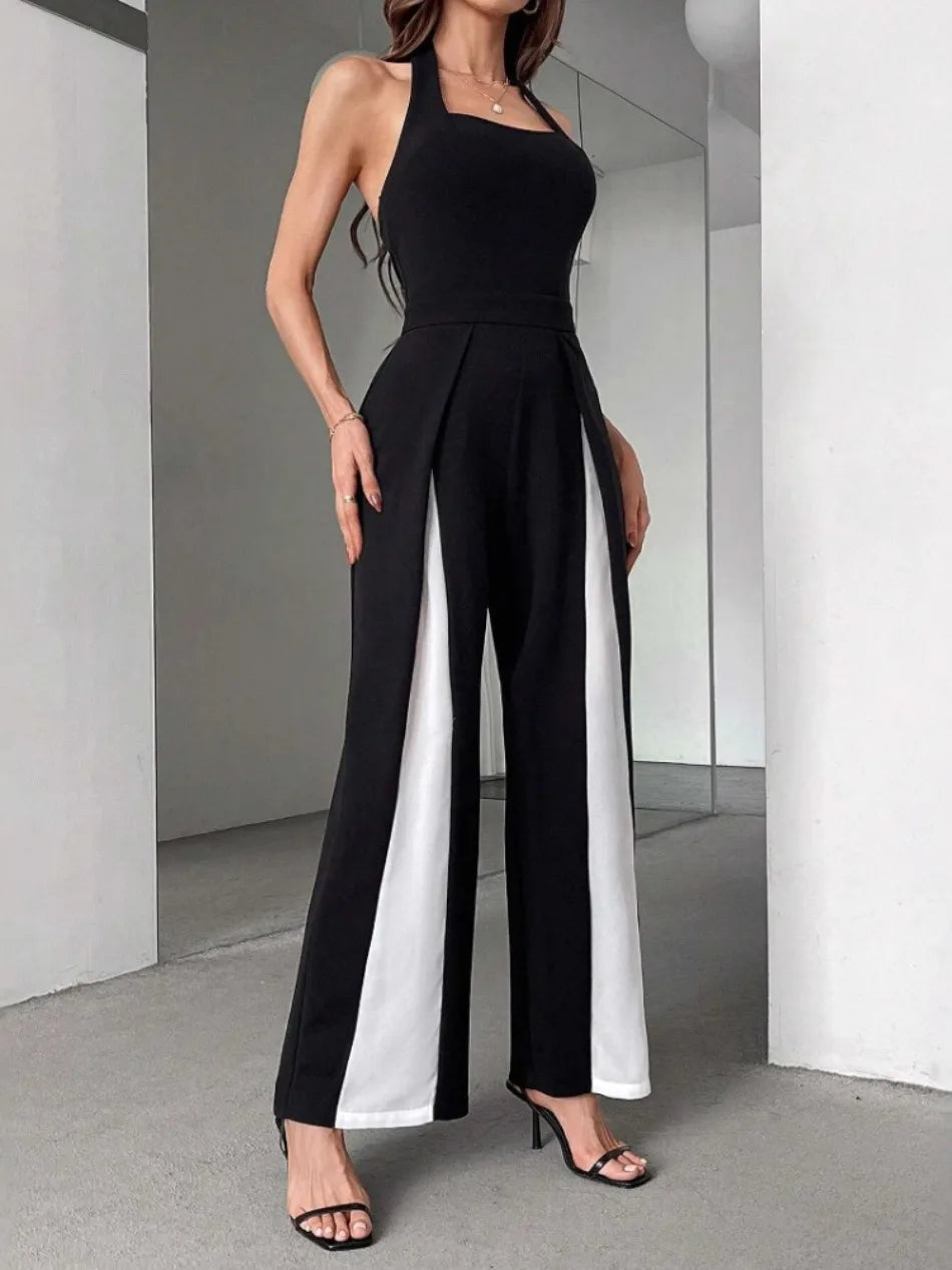 Jumpsuits for Woman Summer New Sexy Color Block Sleeveless Sling Jumpsuit Fashionable Slim Fit Backless Straight Leg Jumpsuit.