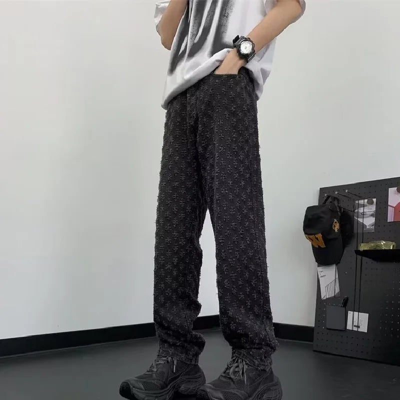 Jacquard All Over High Street Jeans Mens 2024 New Straight Lift Pattern Loose Wide Leg Jeans Casual Boyfriend Jeans Pants Tide.