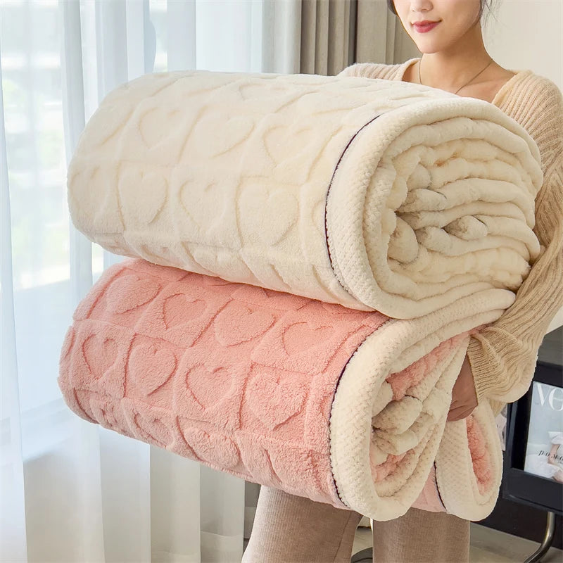 Heart Pattern Coral Fleece Blanket Autumn Winter Double Layer Thicken Warm Plush Blanket for Bed Fluffy Soft Sofa Throw Blankets.
