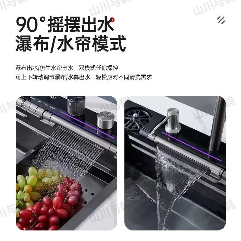 Waterfall kitchen sink nano thickened digital display honeycomb household single slot