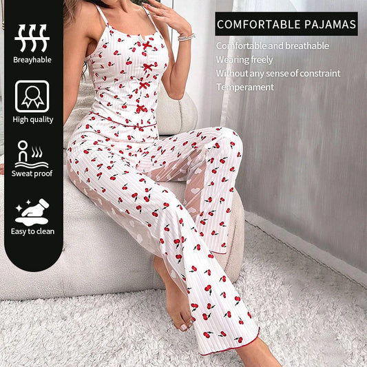 2-teiliges Damen-Set aus sexy transparenter Mesh-Spitze mit geripptem, bedrucktem Trägeroberteil und Hose, Heimkleidung, Pyjama-Set