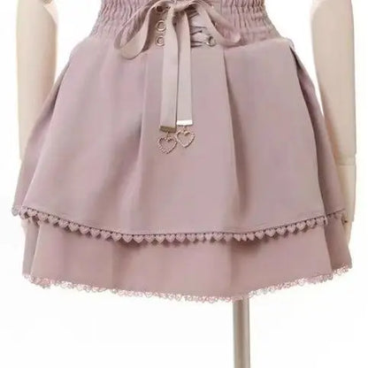 Jirai Kei Sweet Lolita Skort 2024 Summer - Double Bowknot High Waist Short Skirt with Leather Buckle Slim Fit Adjustable Waist